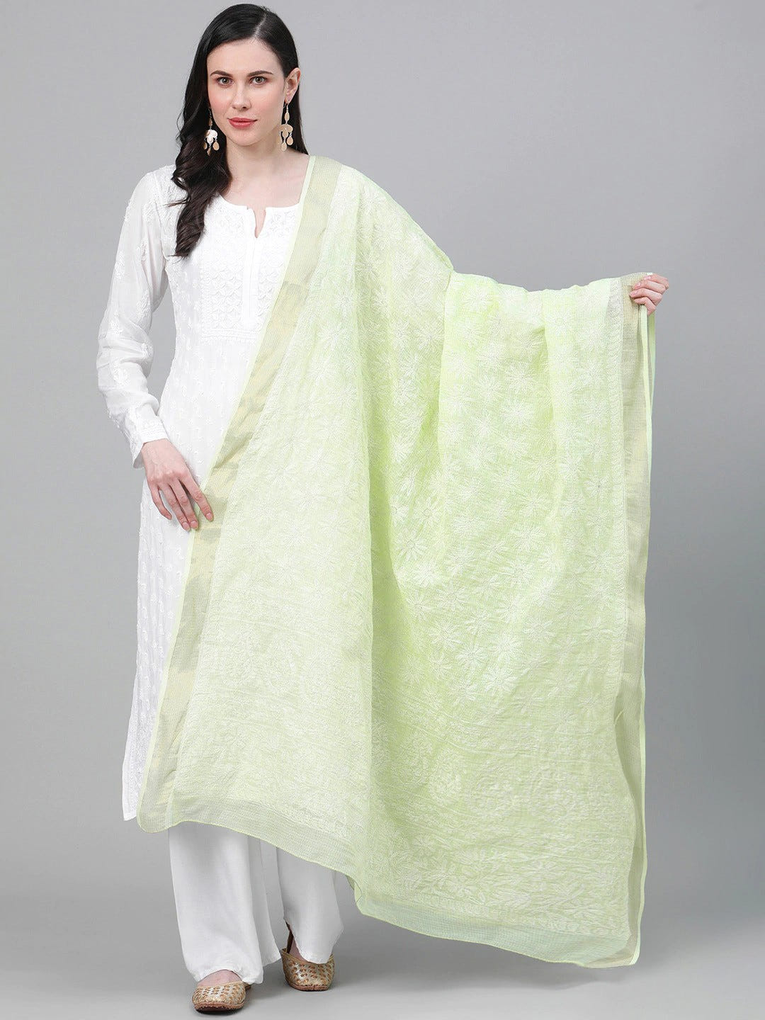 Ada Hand Embroidered Green Kota Lucknowi Chikankari Dupatta-A511161
