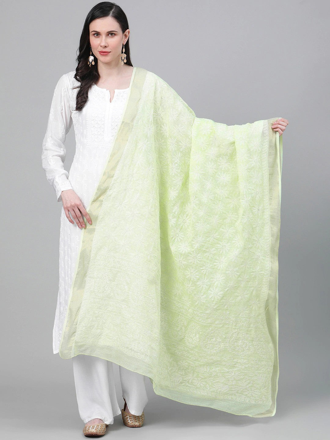 Ada Hand Embroidered Green Kota Lucknowi Chikankari Dupatta-A511161