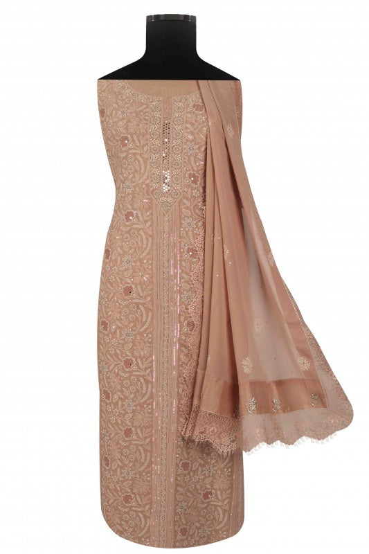 Ada Hand Embroidered Fawn Pure Georgette Lucknowi Chikan Unstitched Kurta Dupatta set A600736