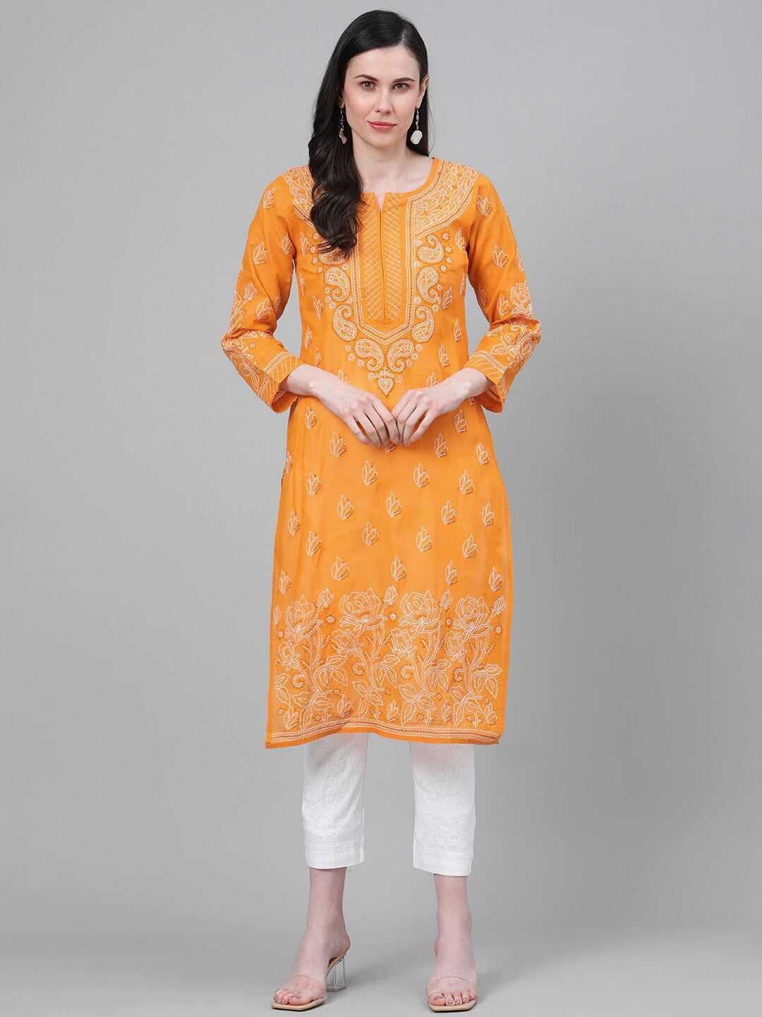 Ada Hand Embroidered Mustard Cotton Lucknowi Chikankari Straight Kurta With Trouser Set A811152