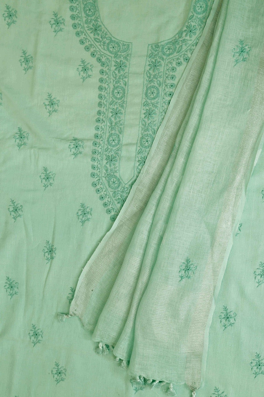 Ada Hand Embroidered Pista Green Linen Lucknowi Chikankari Unstitched Kurta Dupatta–A622077