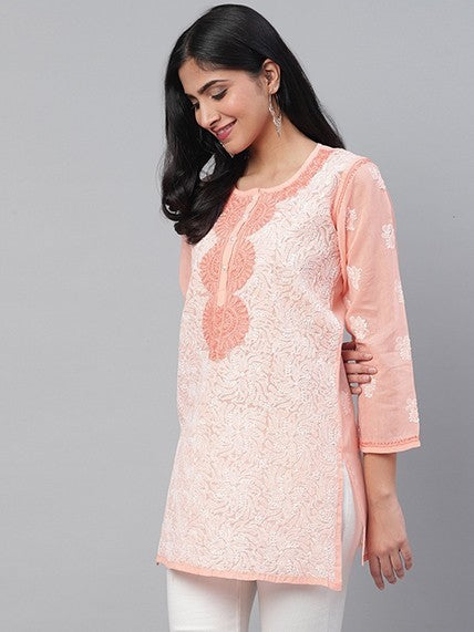 Ada Hand Embroidered Peach Cotton Lucknowi Chikankari Short Kurti A273726