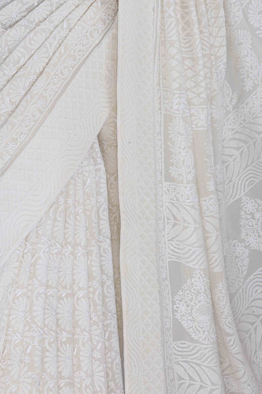 Ada Hand Embroidered Smoky White Pure Georgette Lucknowi Chikankari Saree with Blouse A593631