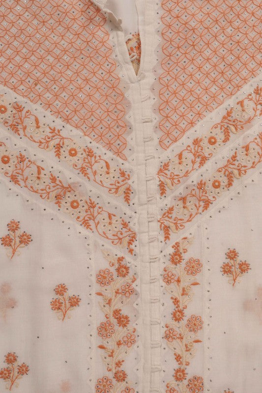 Ada Hand Embroidered White Chanderi Lucknowi Chikan Unstitched Kurta Dupatta Set With Muqaish Work A350999