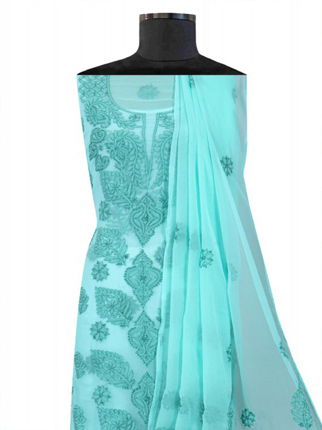 Ada Hand Embroidered Sea Green Georgette Lucknowi Chikan Unstitched Suit Piece A211223