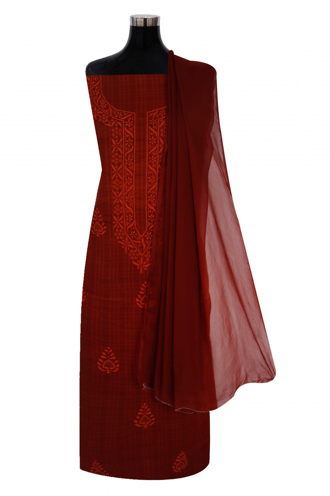 Ada Hand Embroidered Amber Rust Cotton Lucknowi Chikan Unstitched Suit Piece A93234