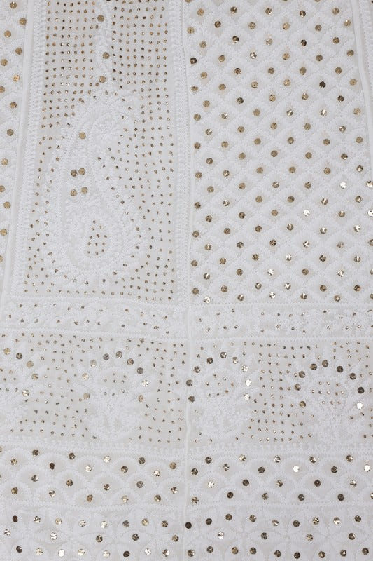 Ada Hand Embroidered White Georgette Lucknowi Chikankari Semi-stitched Anarkali Kurta Dupatta Set With Muqaish Work- A621528