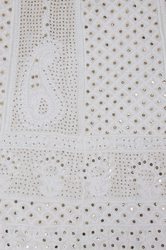 Ada Hand Embroidered White Georgette Lucknowi Chikankari Semi-stitched Anarkali Kurta Dupatta Set With Muqaish Work- A621528