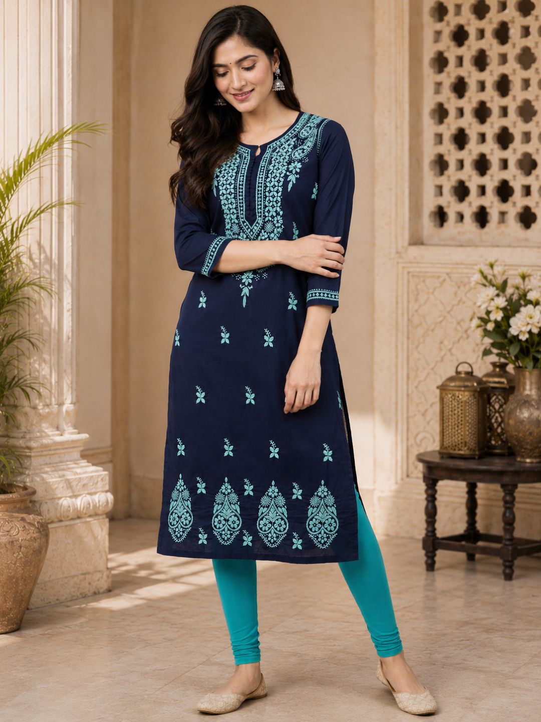 Ada Hand Embroidered Navy Blue Cotton Lucknowi Chikankari Straight Kurta A411119