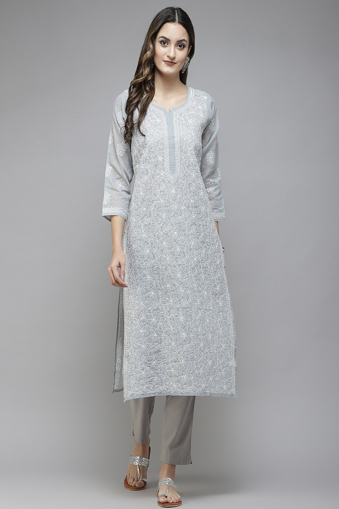 Ada Hand Embroidered Grey Cotton Lucknowi Chikankari Straight Kurta A411386