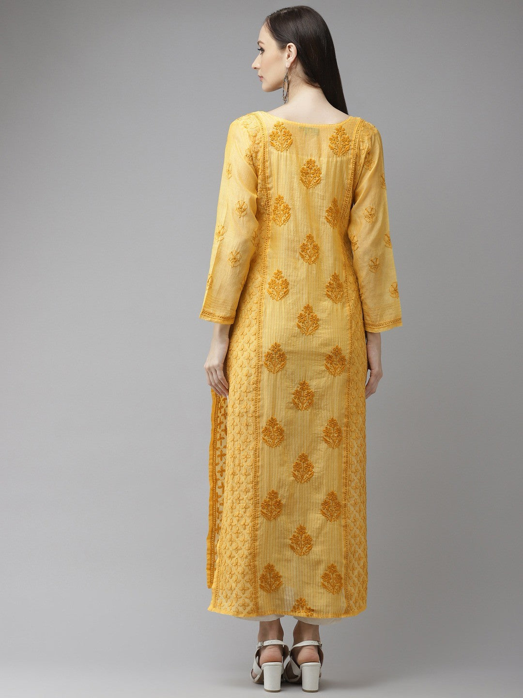 Ada Hand Embroidered Yellow Chanderi Lucknow Chikankari Kurta-A411313