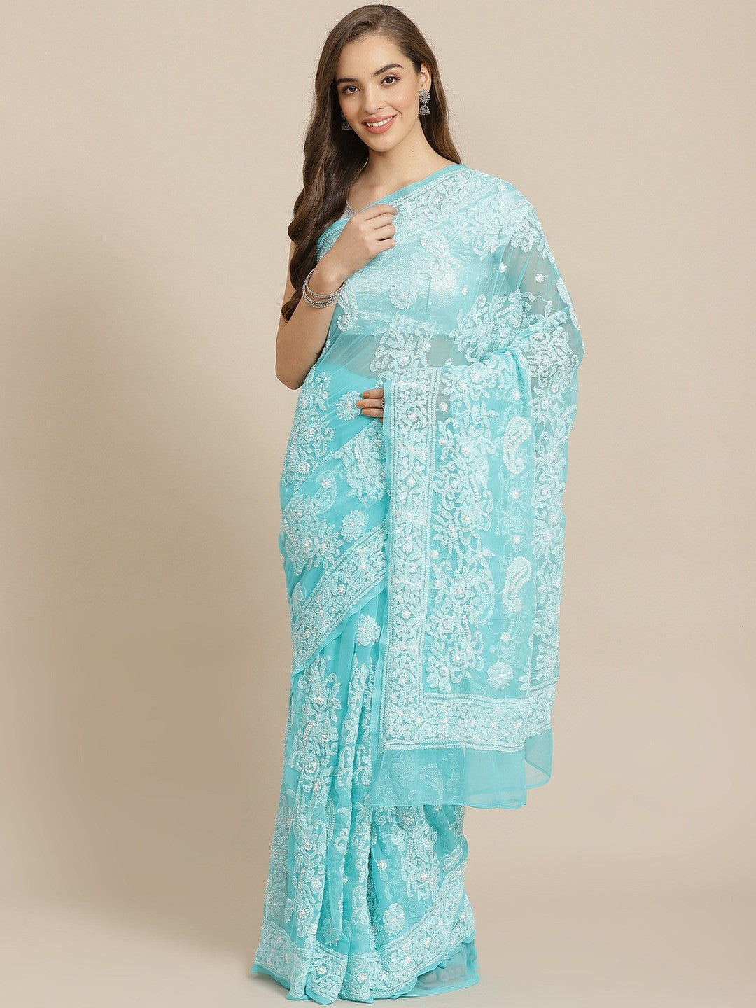 Ada Hand Embroidered Turquoise Blue Georgette Lucknow Chikan Saree With Blouse-A311298