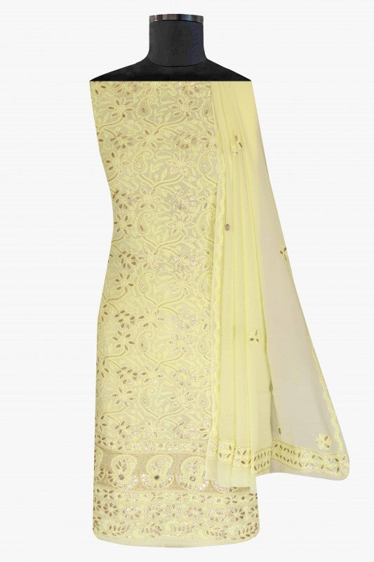 Ada Hand Embroidered Lemon Georgette Lucknowi Chikan Unstitched Kurta Dupatta Set With Gota Patti Work- A613195