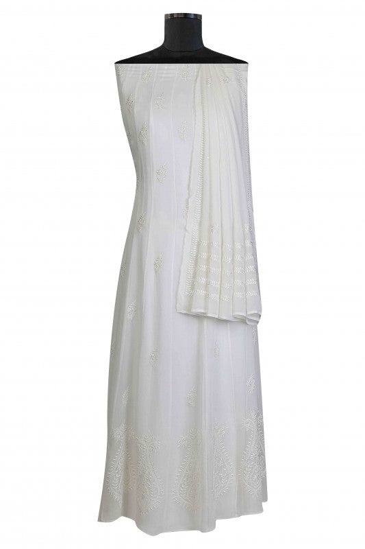 Ada Hand Embroidered White Organic Bamboo Semi-Stitched Anarkali Kurta Dupatta Set A597307