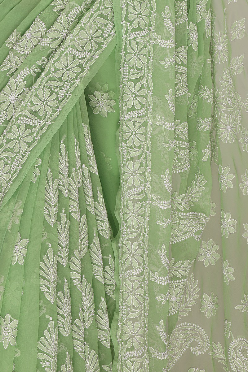 Ada Hand Embroidered Green Georgette Lucknowi Chikankari Saree With Blouse A611480