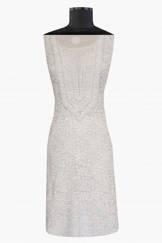 Ada Hand Embroidered White Pure Georgette Lucknowi Chikan Unstitched Kurta Dupatta Set With Pearl & Sequinned Work-A617654