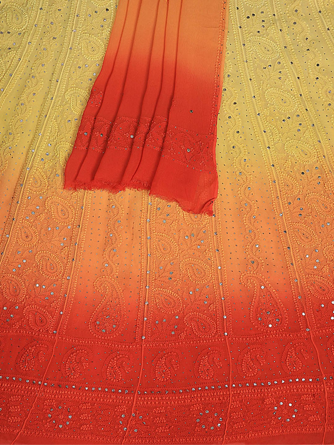 Ada Hand Embroidered Yellow & Orange Shaded Georgette Lucknowi Chikankari Semi-stitched Anarkali Kurta Dupatta Set With Muqaish Work- A608779