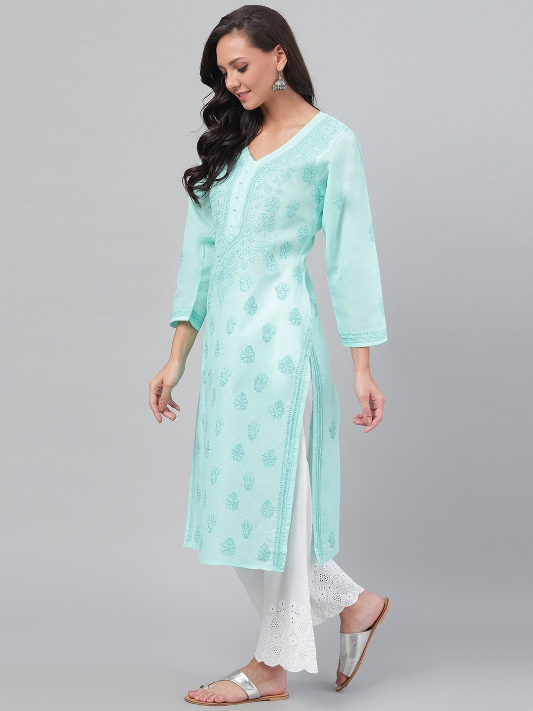 Ada Hand Embroidered Sea Green Cotton Lucknowi Chikankari Straight Kurta A238249