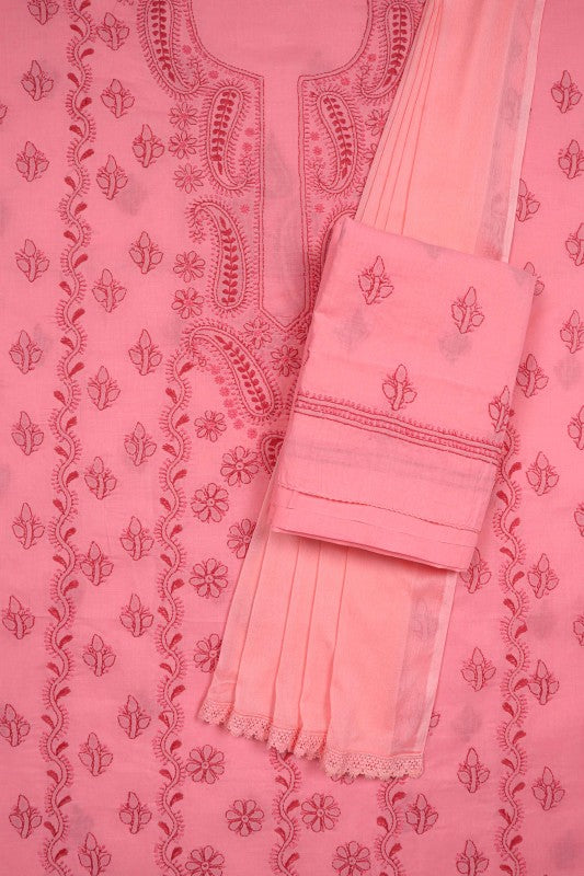 Ada Hand Embroidered Peach Cotton Lucknowi Chikan Unstitched Suit Piece A347798
