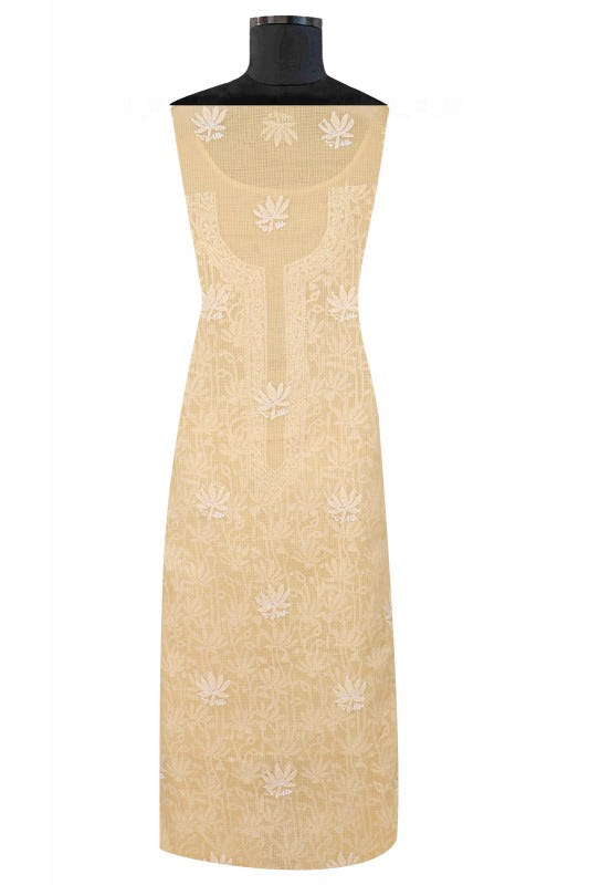 Ada Hand Embroidered Beige Kota Lucknowi Chikankari Unstitched Kurta Dupatta Set 01A160500