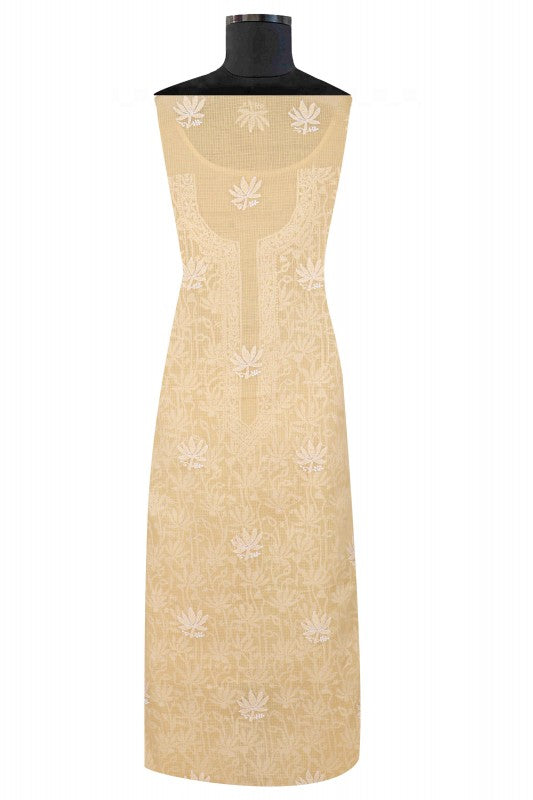 Ada Hand Embroidered Beige Kota Lucknowi Chikankari Unstitched Kurta Dupatta Set 01A160500