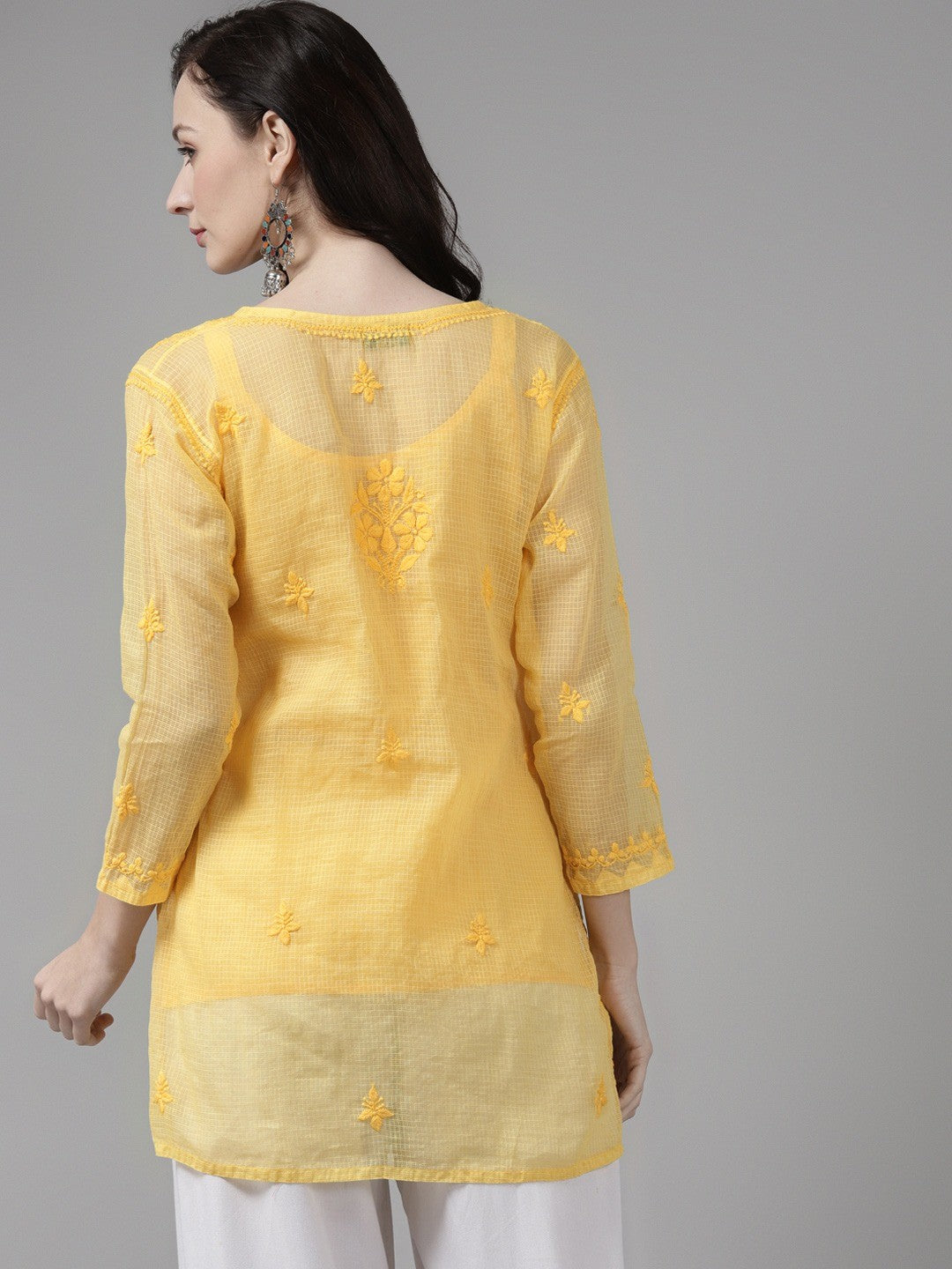 Ada Hand Embroidered Yellow Kota Lucknow Chikan Kurti With Slip A911158