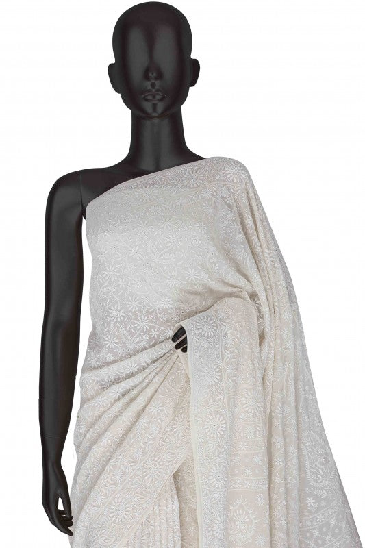 Ada Hand Embroidered White Pure Georgette Lucknow Chikankari Saree with Blouse A611791