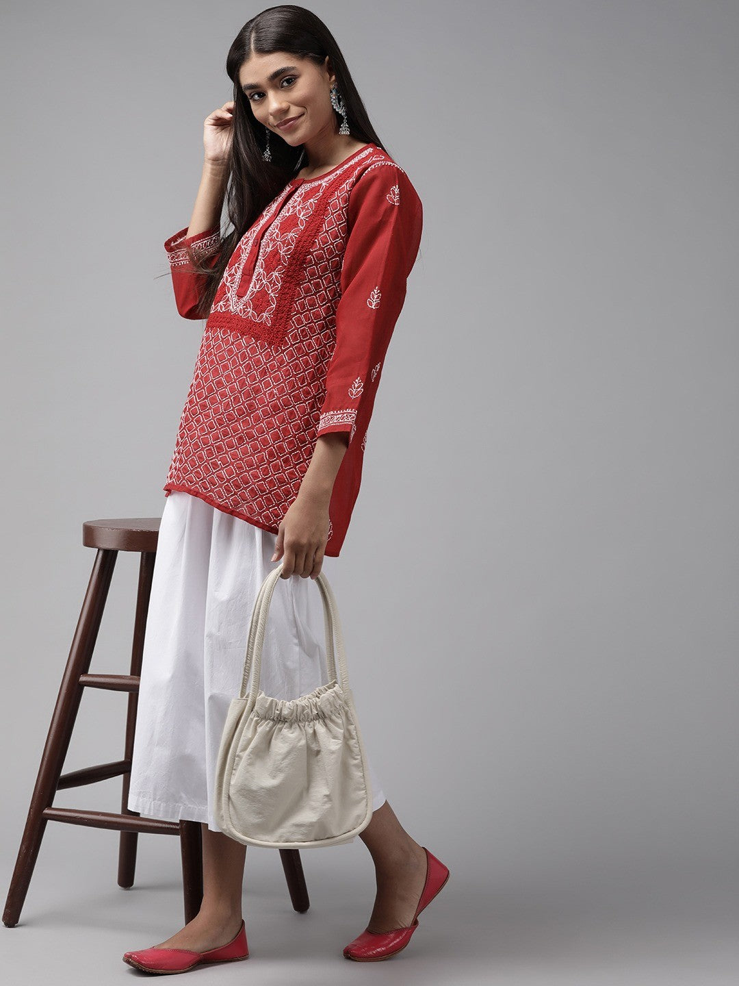 Ada Hand Embroidered Red Cotton Lucknowi Chikankari Straight Kurti A911248