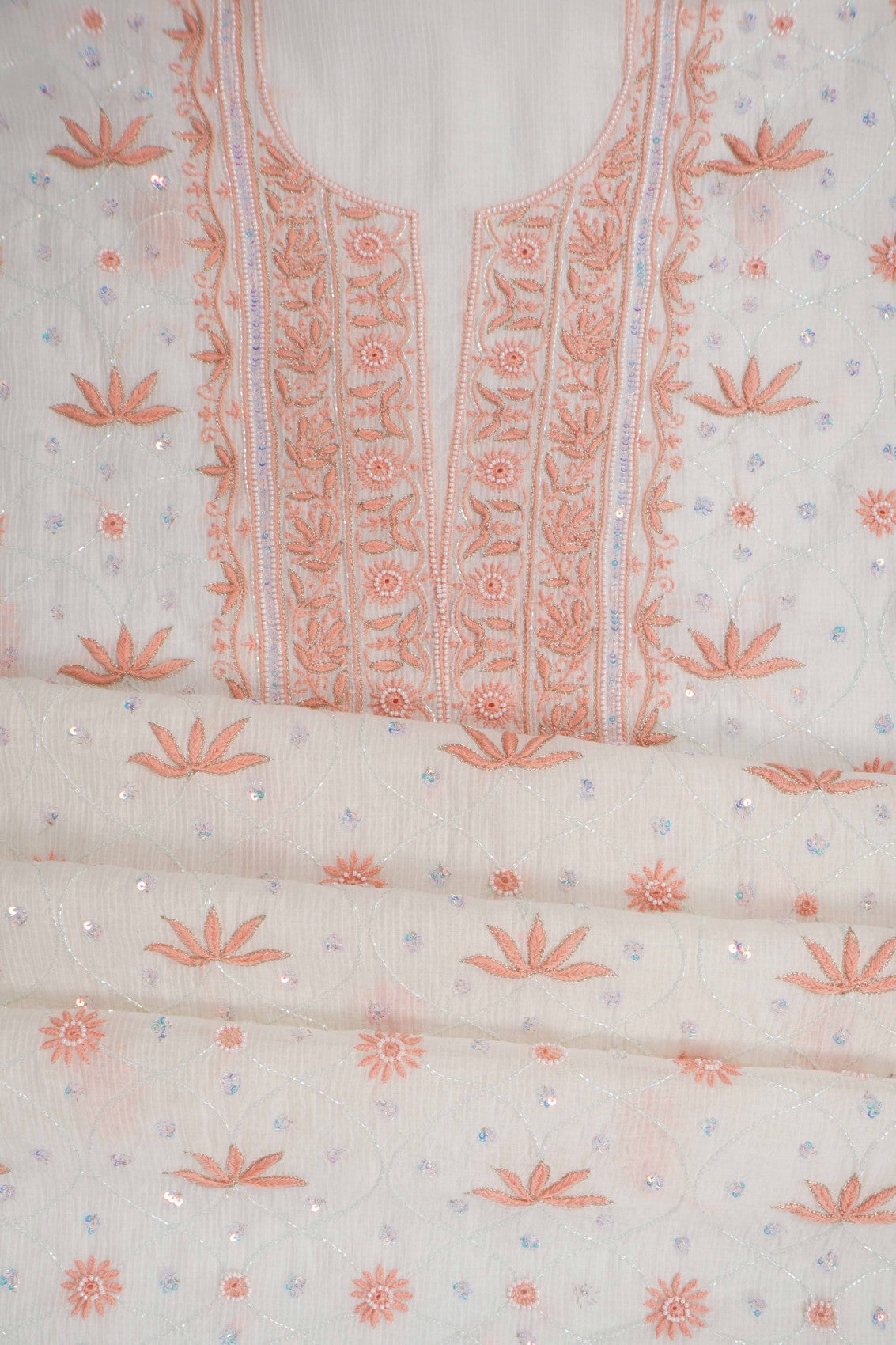 Ada Hand Embroidered Off White Chanderi Lucknowi Chikankari Unstitched Kurta Dupatta Set With Pearl Work 01A265086