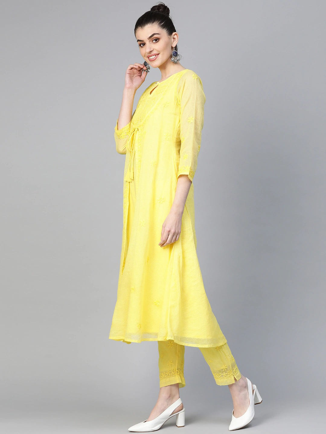 Ada Hand Embroidered Yellow Kota Lucknowi Chikankari Kurta with Trouser Set A811145