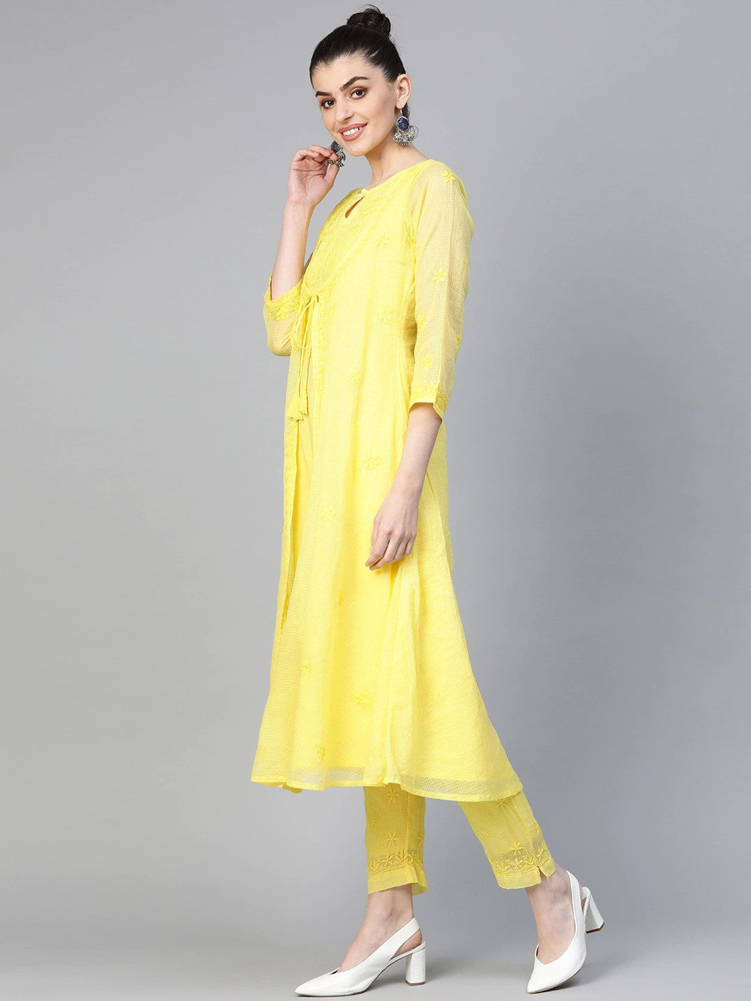Ada Hand Embroidered Yellow Kota Lucknowi Chikankari Kurta with Trouser Set A811145