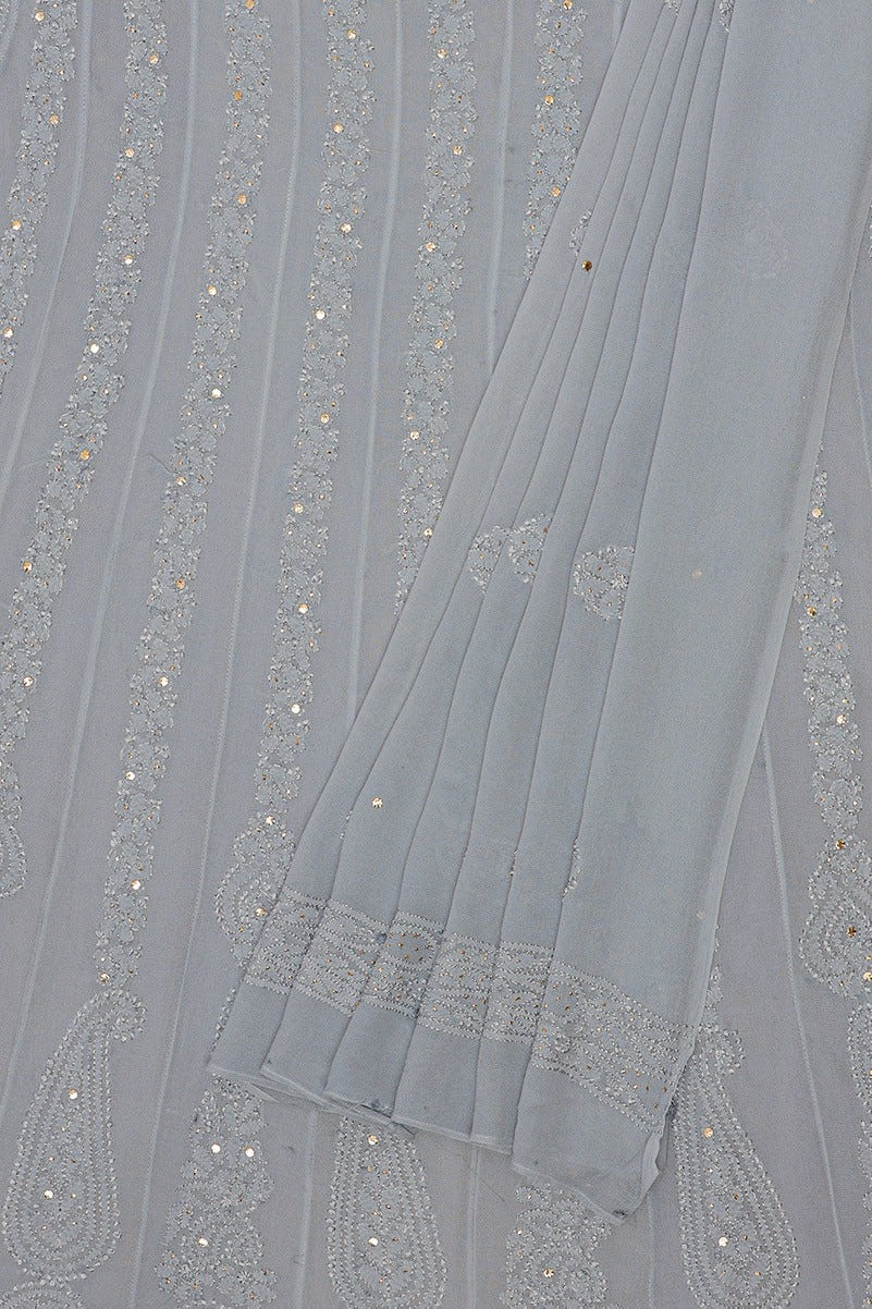 Ada Hand Embroidered Grey Georgette Lucknowi Chikankari Semi-stitched Anarkali Kurta Dupatta Set With Muqaish Work- A607087