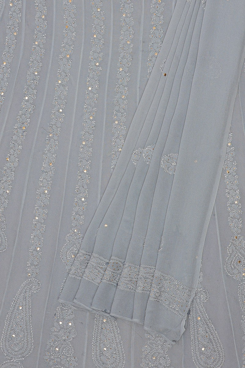 Ada Hand Embroidered Grey Georgette Lucknowi Chikankari Semi-stitched Anarkali Kurta Dupatta Set With Muqaish Work- A607087