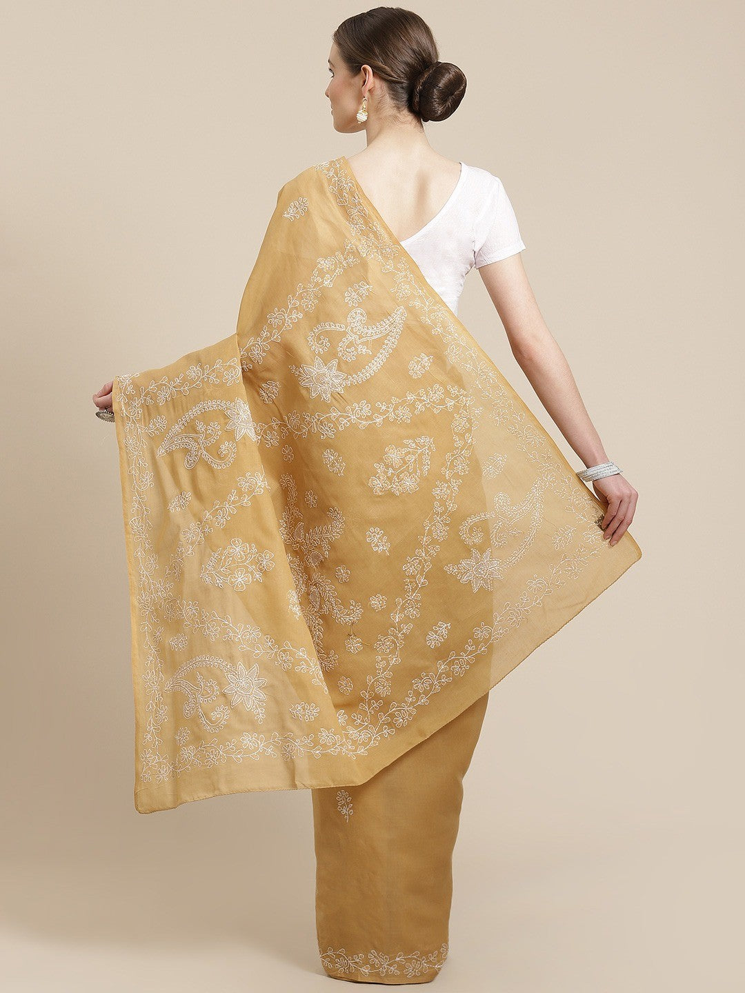 Ada Hand Embroidered Fawn Cotton Lucknow Chikan Saree With Blouse- A311224