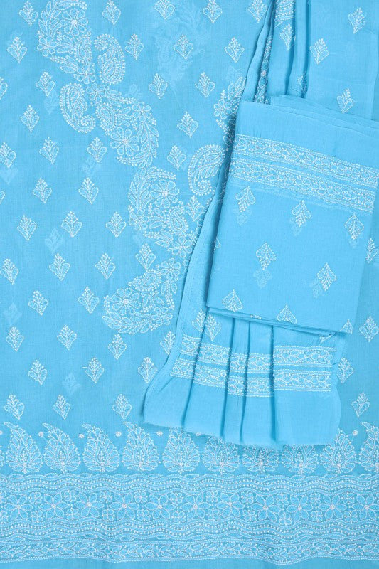 Ada Hand Embroidered Sky Blue Cotton Lucknowi Chikankari Unstitched Suit Piece A579448