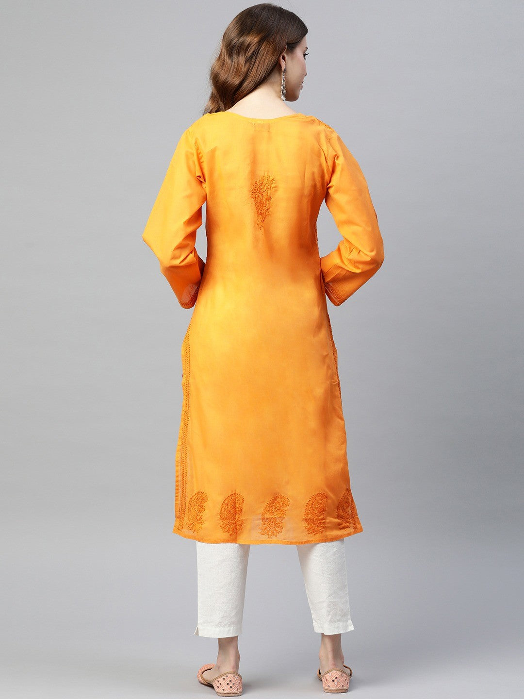 Ada Hand Embroidered Mustard Cotton Lucknowi Chikankari Straight Kurta A231359