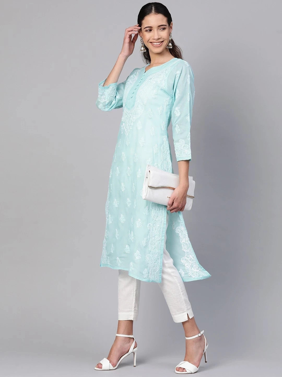 Ada Hand Embroidered Blue Cotton Lucknowi Chikankari Straight Kurta A100357