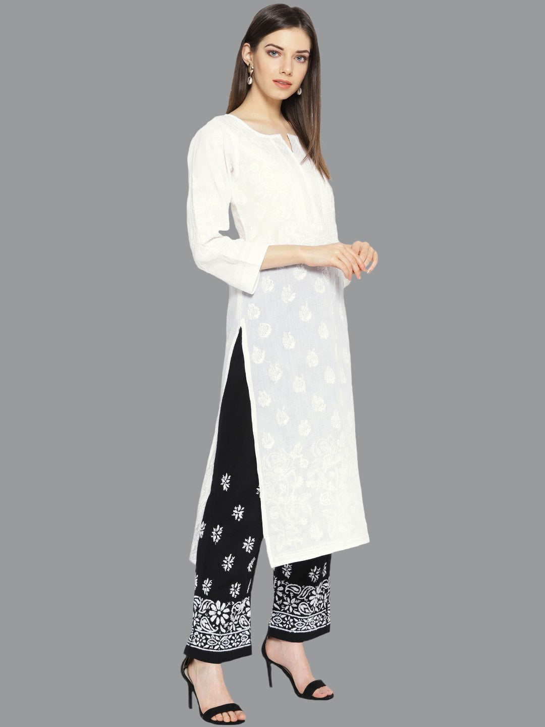 Ada Hand Embroidered White Cotton Lucknowi Chikankari Straight Kurta With Palazzo Set A100015