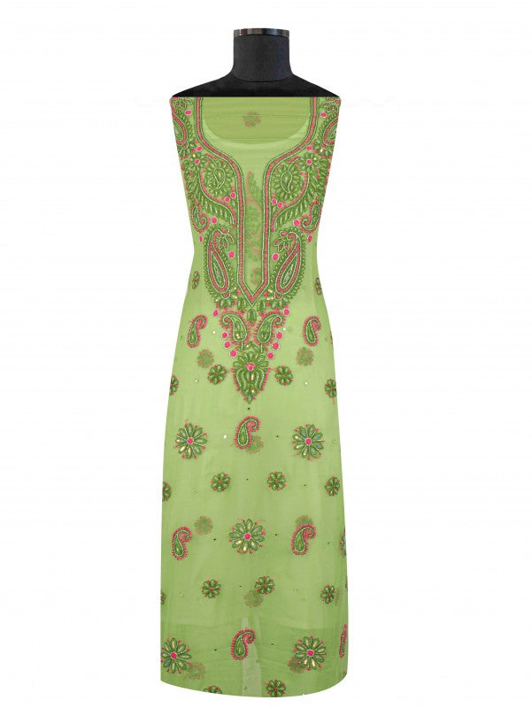 Ada Hand Embroidered Grass Green Georgette Lucknowi Chikankari Unstitched Suit Piece With Cutdana Work 01A132286