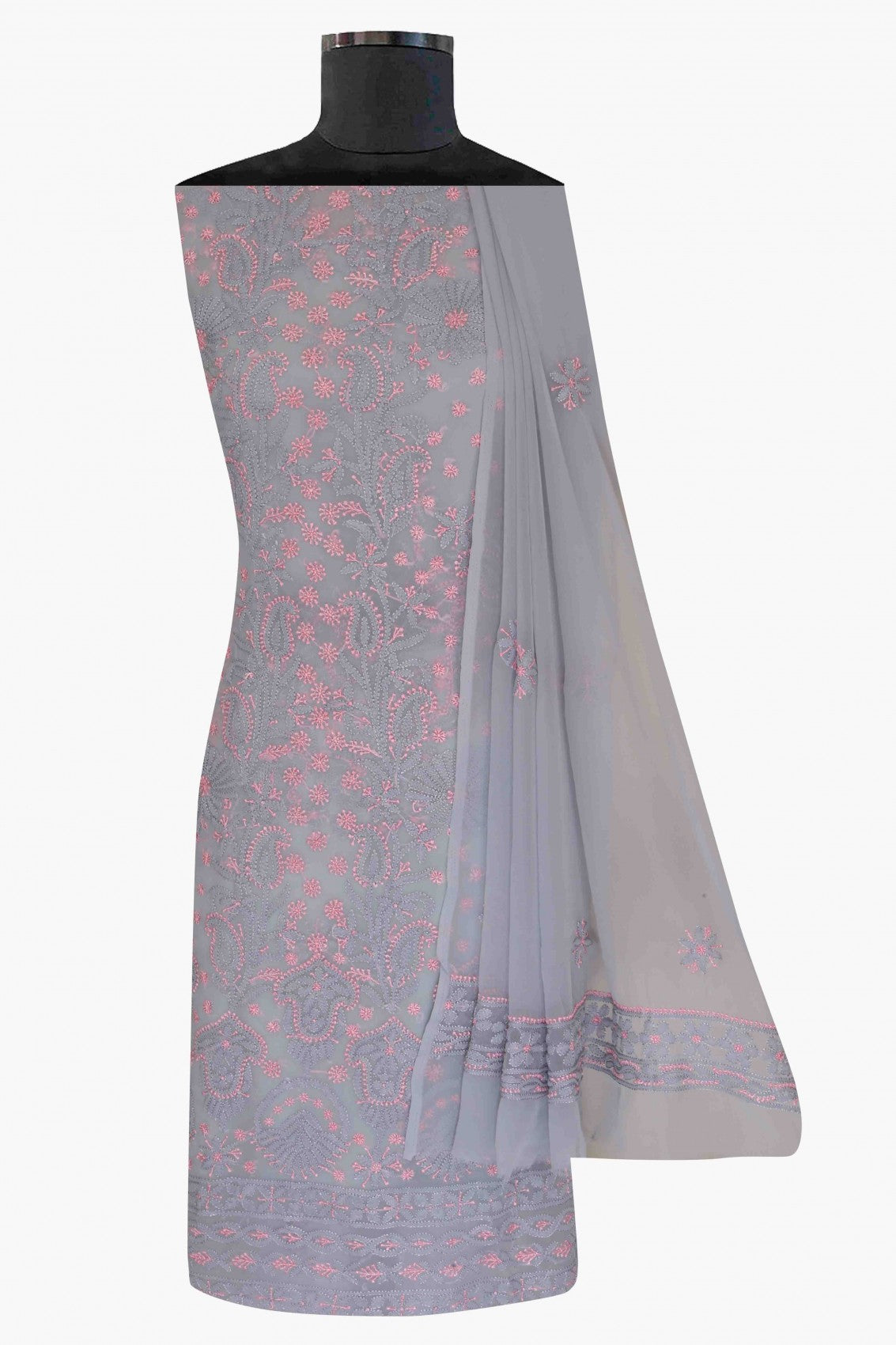 Ada Hand Embroidered Grey Georgette Lucknowi Chikan Unstitched Suit Piece A211184
