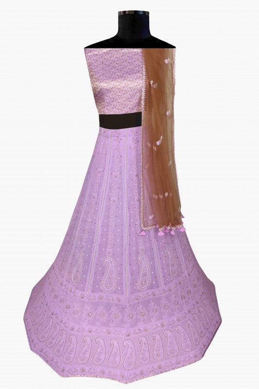 Ada Hand Embroidered Mauve Pure Georgette Lucknowi Chikankari Lehenga Set With Pearl Work A526545