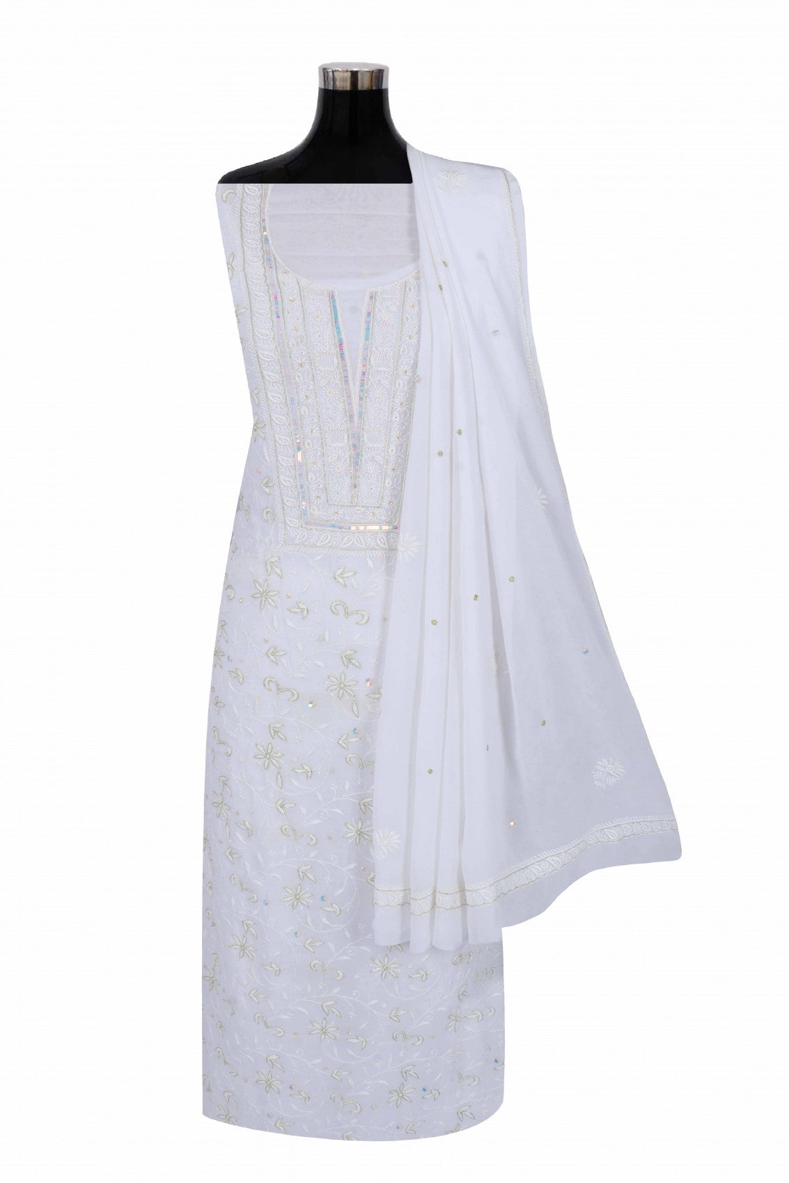 Ada Hand Embroidered White Viscose Georgette Lucknowi Chikankari Unstitched Kurta Dupatta Set With Pearl Work 01A197558