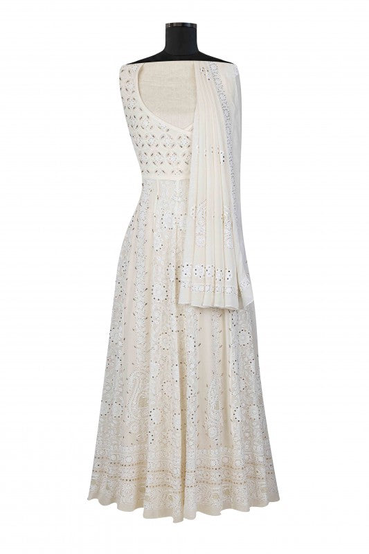 Ada Hand Embroidered Ivory White Pure Georgette Lucknowi Chikankari Semi-Stitched Anarkali Kurta Dupatta Set With Muqaish Work A501766