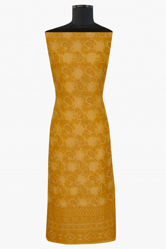 Ada Hand Embroidered Mustard Chanderi Lucknowi Chikan Unstitched Kurta Dupatta Set - A609611