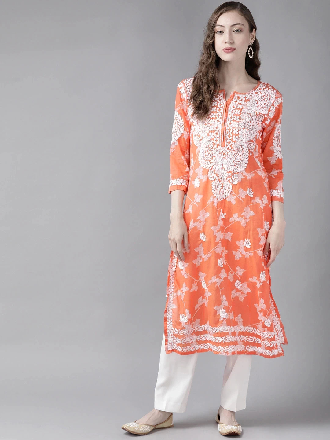 Ada Hand Embroidered Orange Cotton Lucknowi Chikankari Straight Kurta A411265