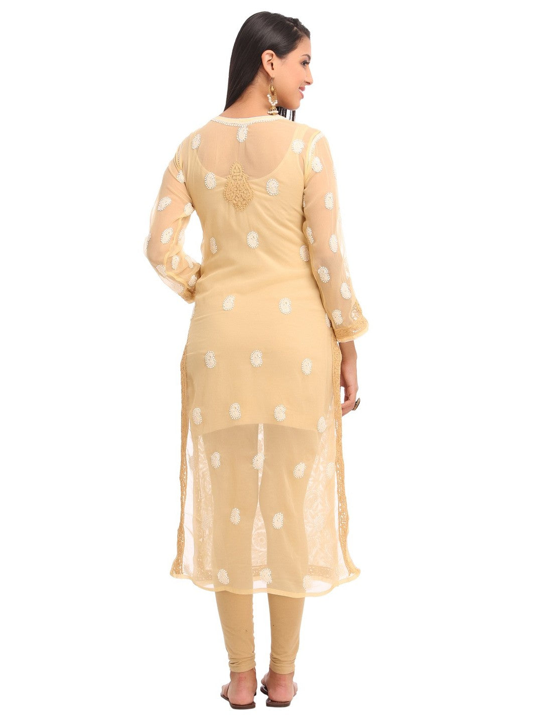 Ada Hand Embroidered Fawn Georgette Lucknowi Chikankari Straight  Kurta with Slip A246735