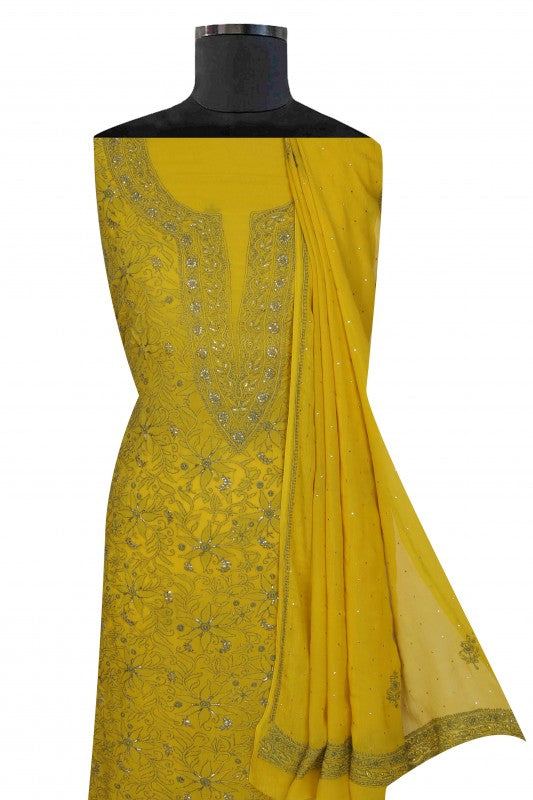 Ada Hand Embroidered Mustard Chiffon Lucknowi Chikan Unstitched Kurta Dupatta Set With Muqaish Work  A489066