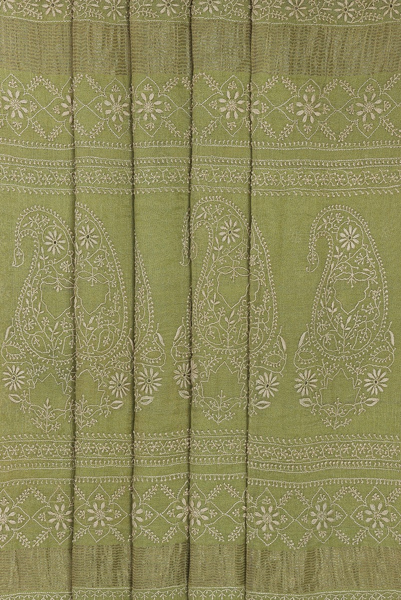 Ada Hand Embroidered Pear Green Tissue Lucknowi Chikankari Saree With Blouse- A615160