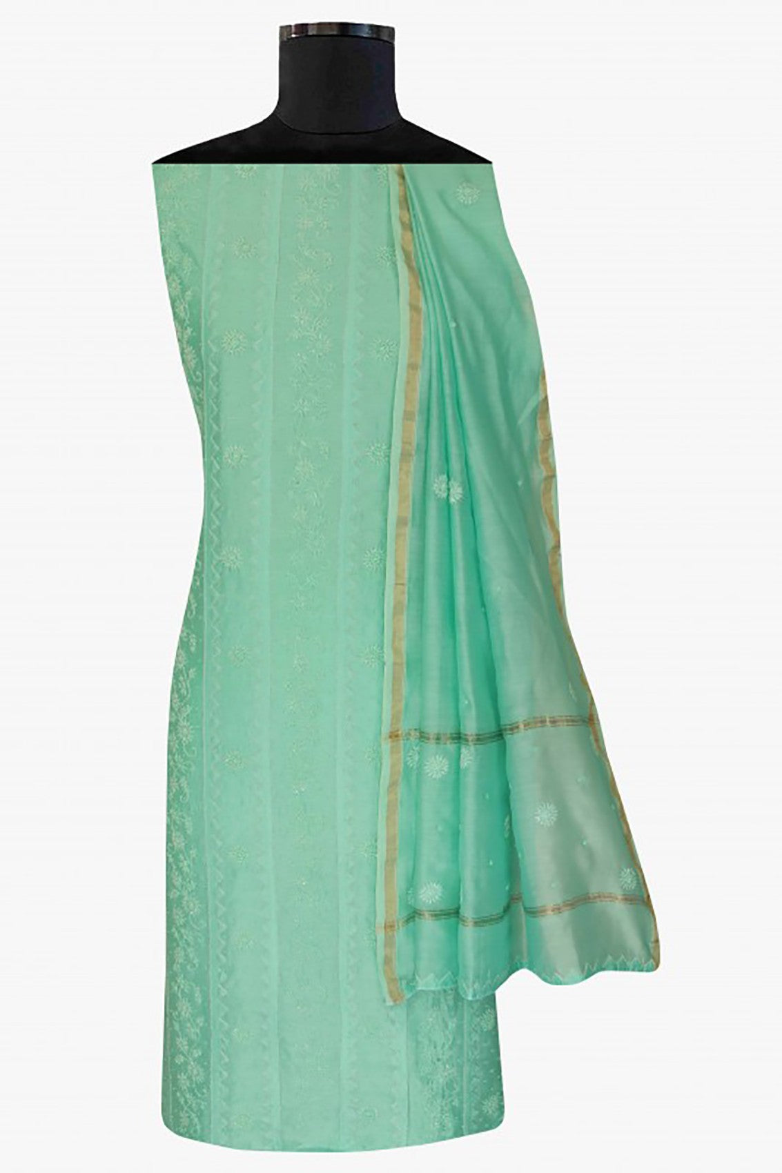 Ada Hand Embroidered Sea Green Chanderi Lucknowi Chikankari Unstitched Kurta Dupatta Set With Pearl Work A497227