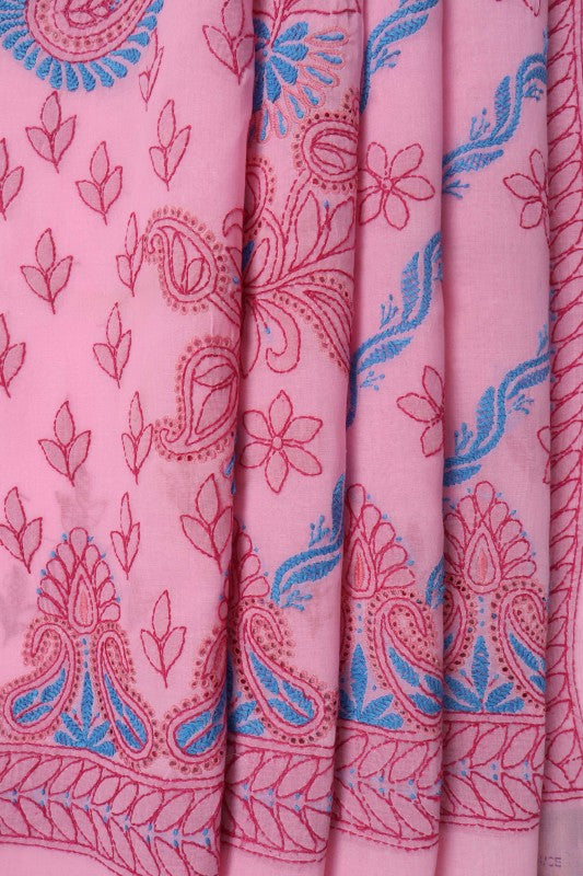Ada Hand Embroidered Pink Cotton Lucknowi Chikankari Saree With Blouse A186039
